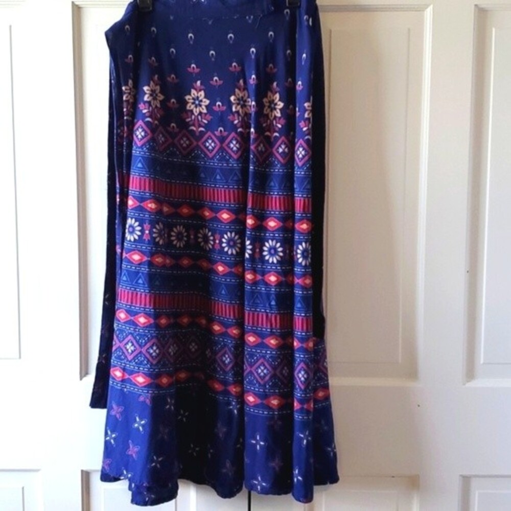 LONG BOHEMIAN MAXI TRUE WRAP SKIRT BLUE RED LARGE EXTRA LARGE FLORAL HIPPIE